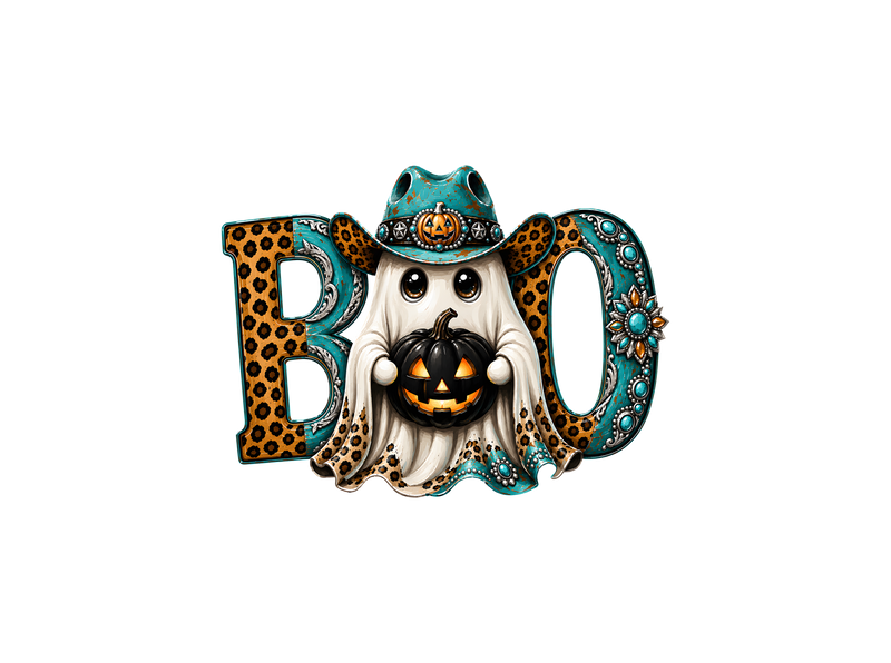 Western Cowboy Ghost BOO" Turquoise & Leopard - DTF Transfer