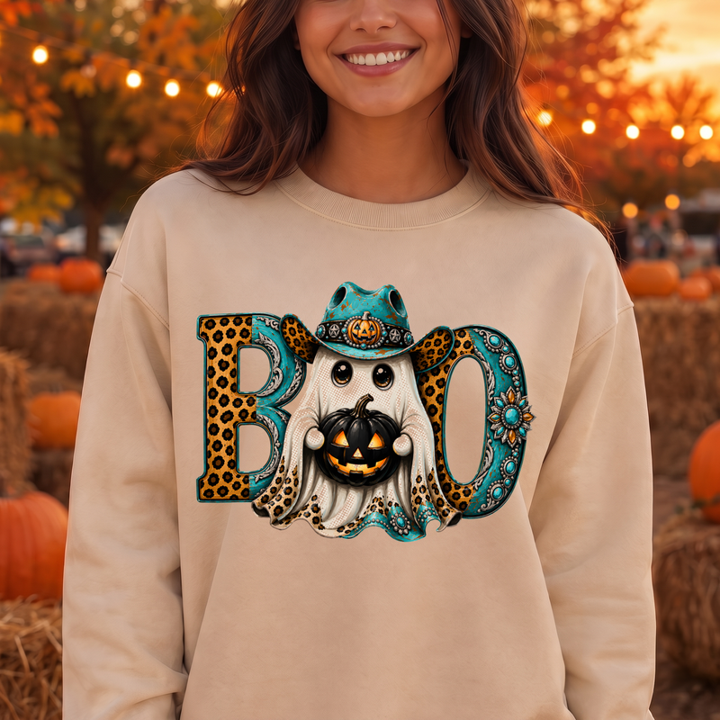 Western Cowboy Ghost BOO" Turquoise & Leopard - DTF Transfer