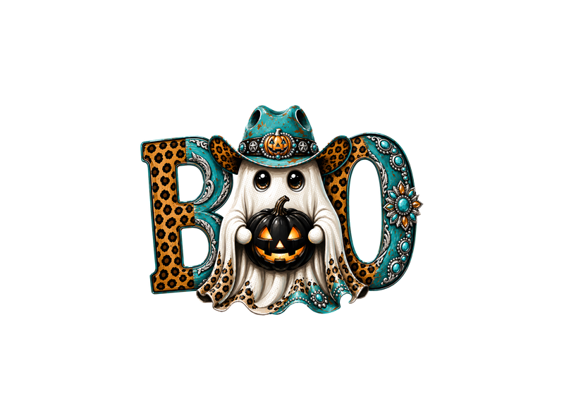 Western Cowboy Ghost BOO" Turquoise & Leopard - DTF Transfer