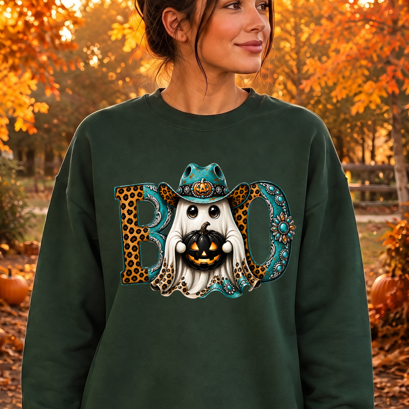 Western Cowboy Ghost BOO" Turquoise & Leopard - DTF Transfer