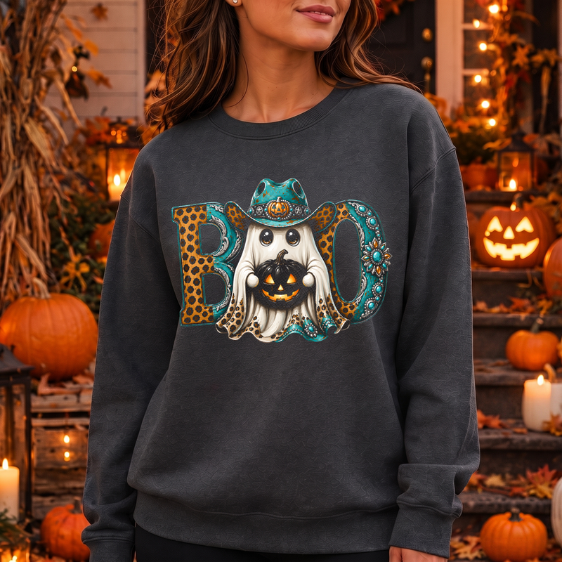 Western Cowboy Ghost BOO" Turquoise & Leopard - DTF Transfer