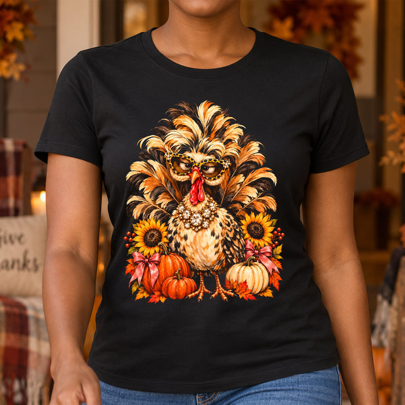 Boujee Fluffy Turkey: Leopard Glasses & Autumn Pumpkins - DTF Transfer