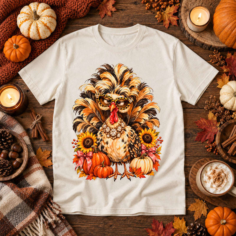Boujee Fluffy Turkey: Leopard Glasses & Autumn Pumpkins - DTF Transfer
