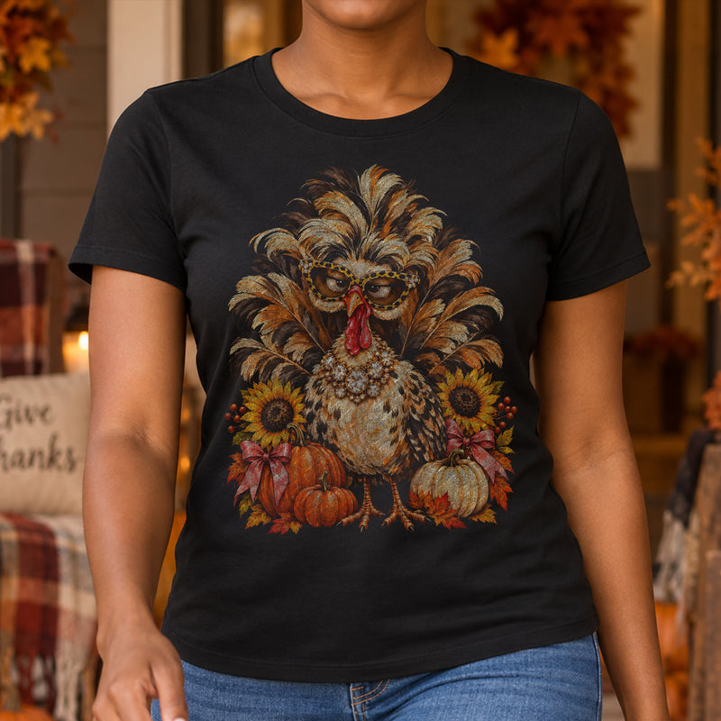 Boujee Fluffy Turkey: Leopard Glasses & Autumn Pumpkins - DTF Transfer