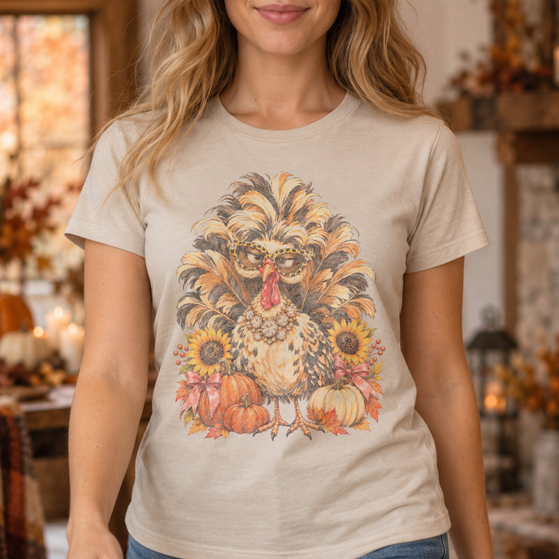 Boujee Fluffy Turkey: Leopard Glasses & Autumn Pumpkins - DTF Transfer