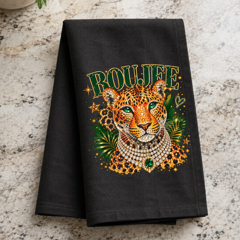 Emerald Boujee Leopard: Beaded Diamond Necklace & Emerald Crown - DTF Transfer