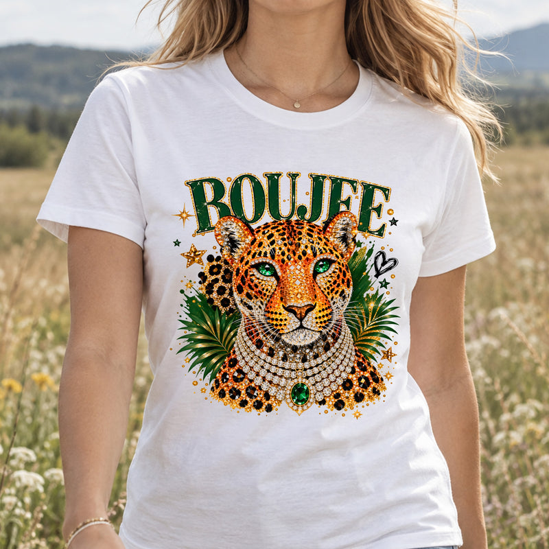Emerald Boujee Leopard: Beaded Diamond Necklace & Emerald Crown - DTF Transfer