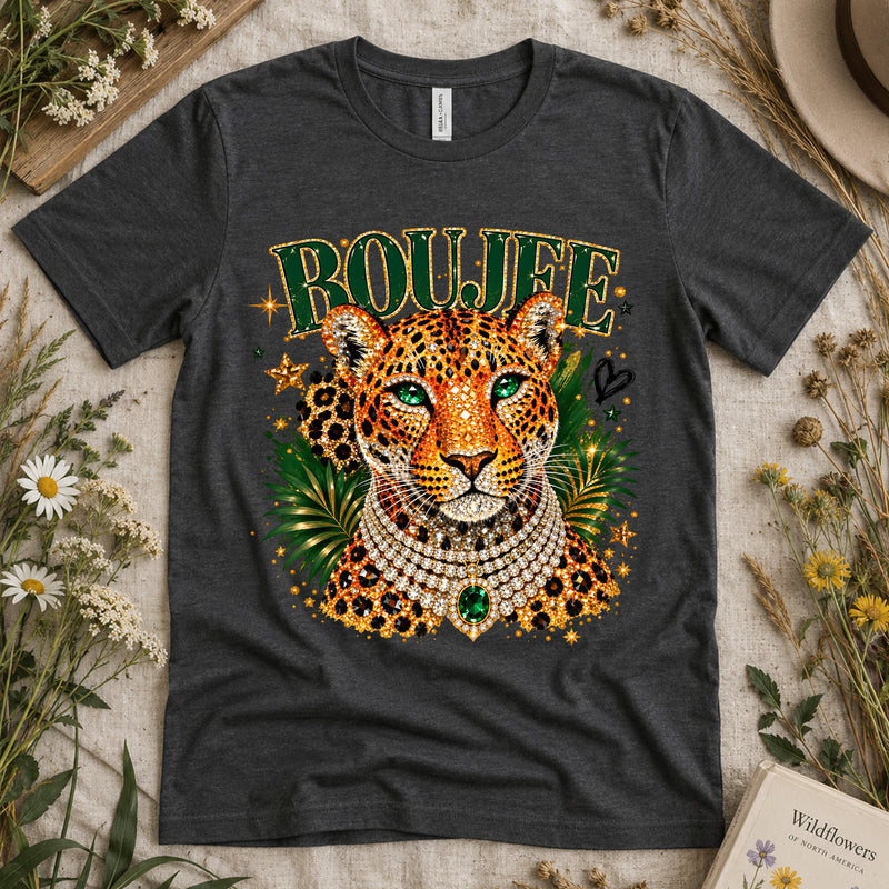 Emerald Boujee Leopard: Beaded Diamond Necklace & Emerald Crown - DTF Transfer