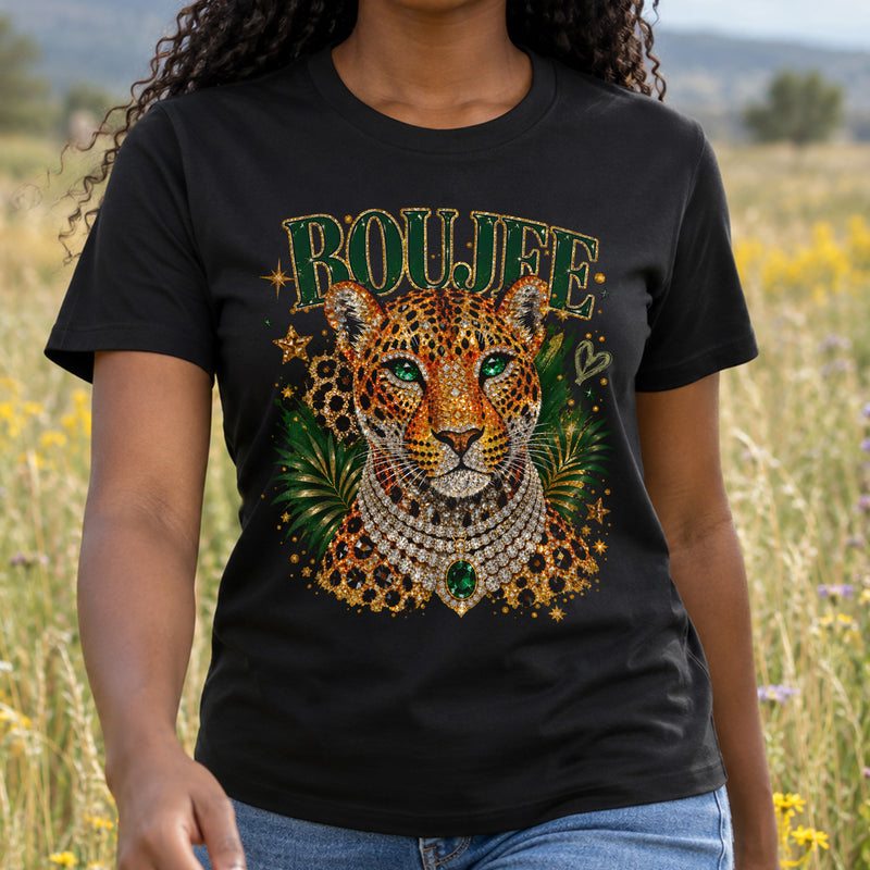 Emerald Boujee Leopard: Beaded Diamond Necklace & Emerald Crown - DTF Transfer