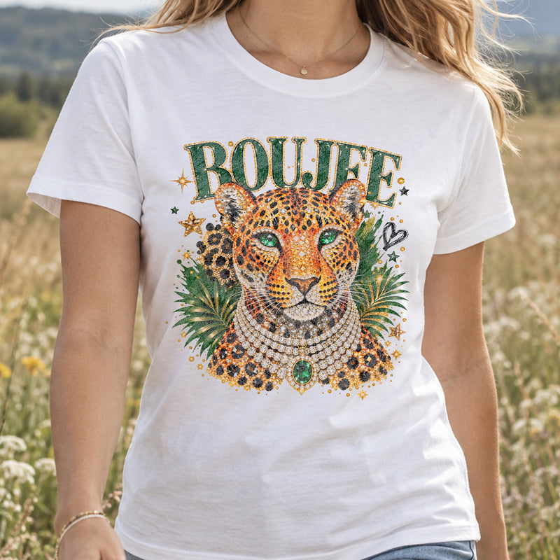 Emerald Boujee Leopard: Beaded Diamond Necklace & Emerald Crown - DTF Transfer