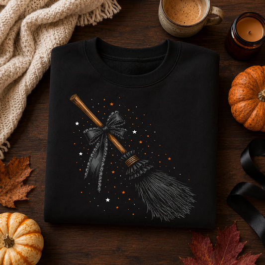 Witchy Broomstick with Black Lace Bow: Celestial Coquette - DTF Transfer