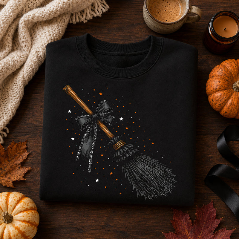 Witchy Broomstick with Black Lace Bow: Celestial Coquette - DTF Transfer