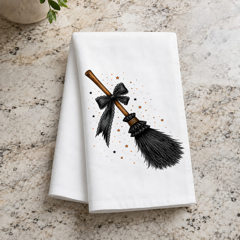 Witchy Broomstick with Black Lace Bow: Celestial Coquette - DTF Transfer