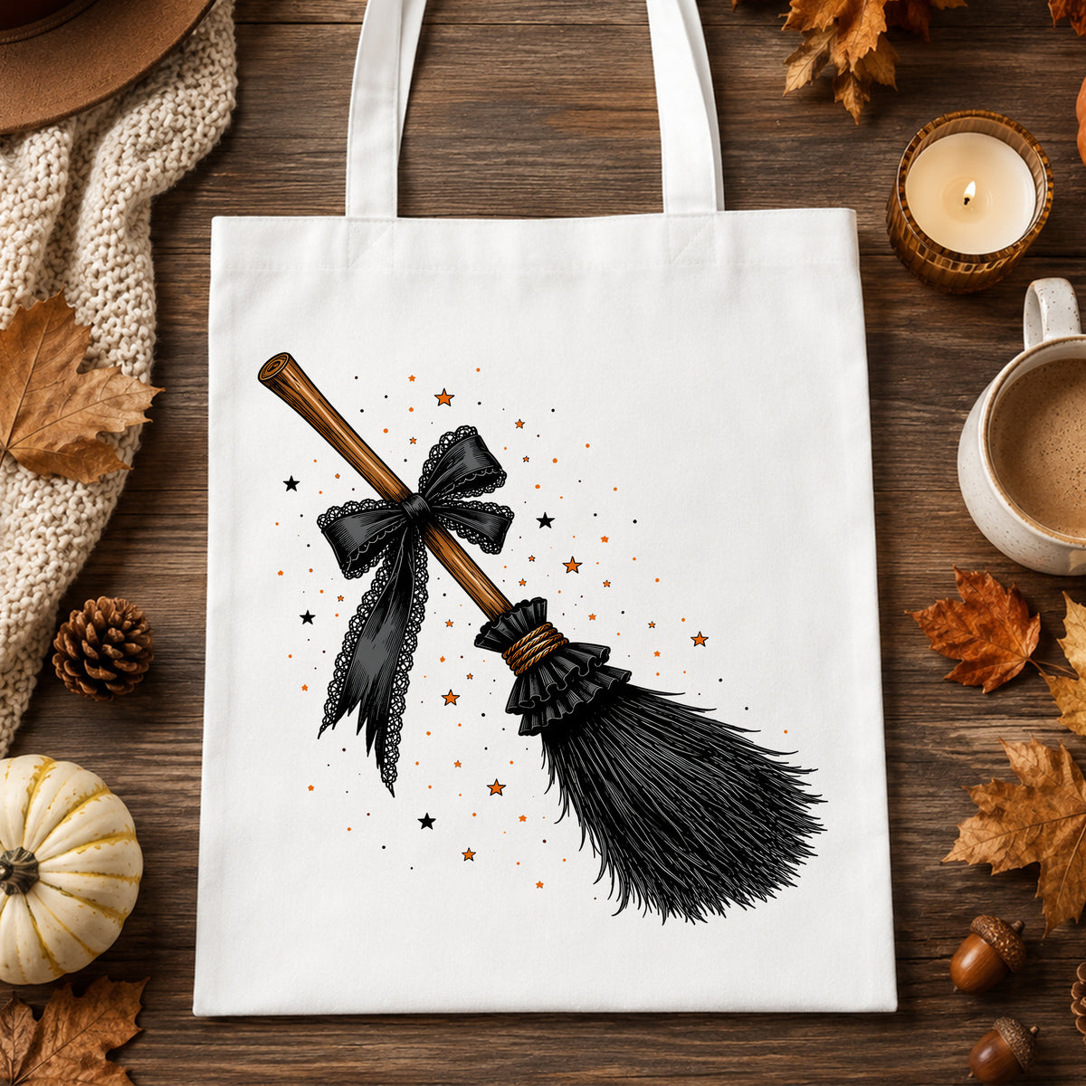 Witchy Broomstick with Black Lace Bow: Celestial Coquette - DTF Transfer