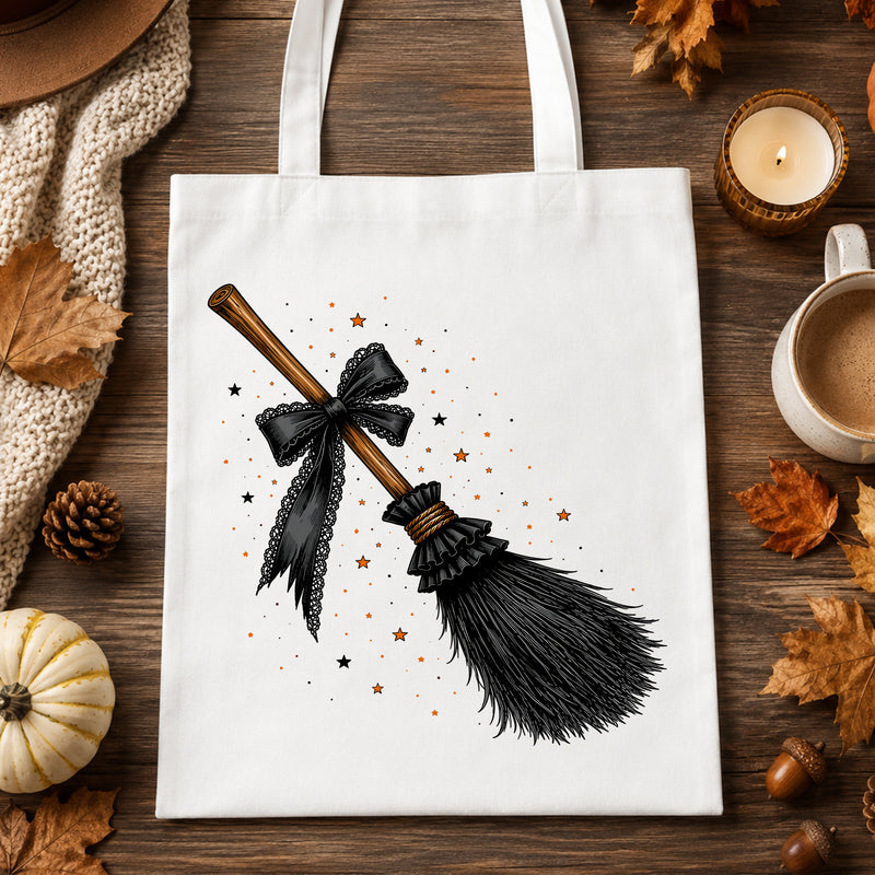 Witchy Broomstick with Black Lace Bow: Celestial Coquette - DTF Transfer