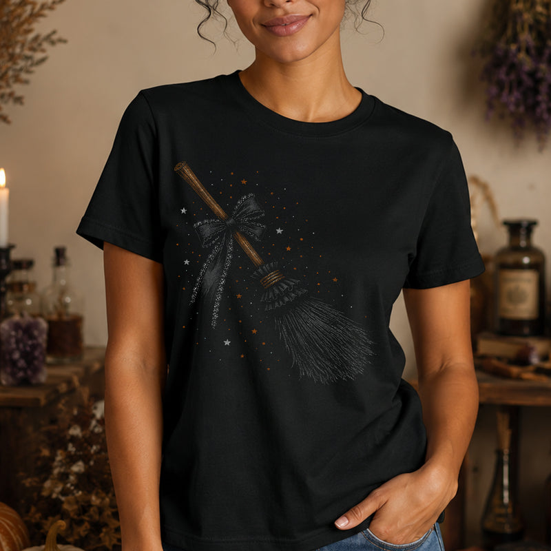 Witchy Broomstick with Black Lace Bow: Celestial Coquette - DTF Transfer