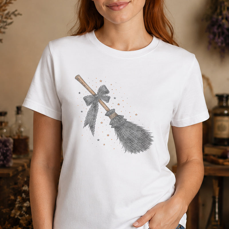 Witchy Broomstick with Black Lace Bow: Celestial Coquette - DTF Transfer