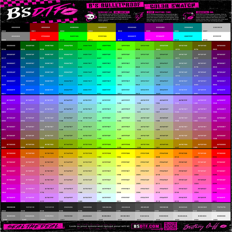 B’s Bulletproof DTF Color Swatch – Professional Reference Chart- DTF Transfer