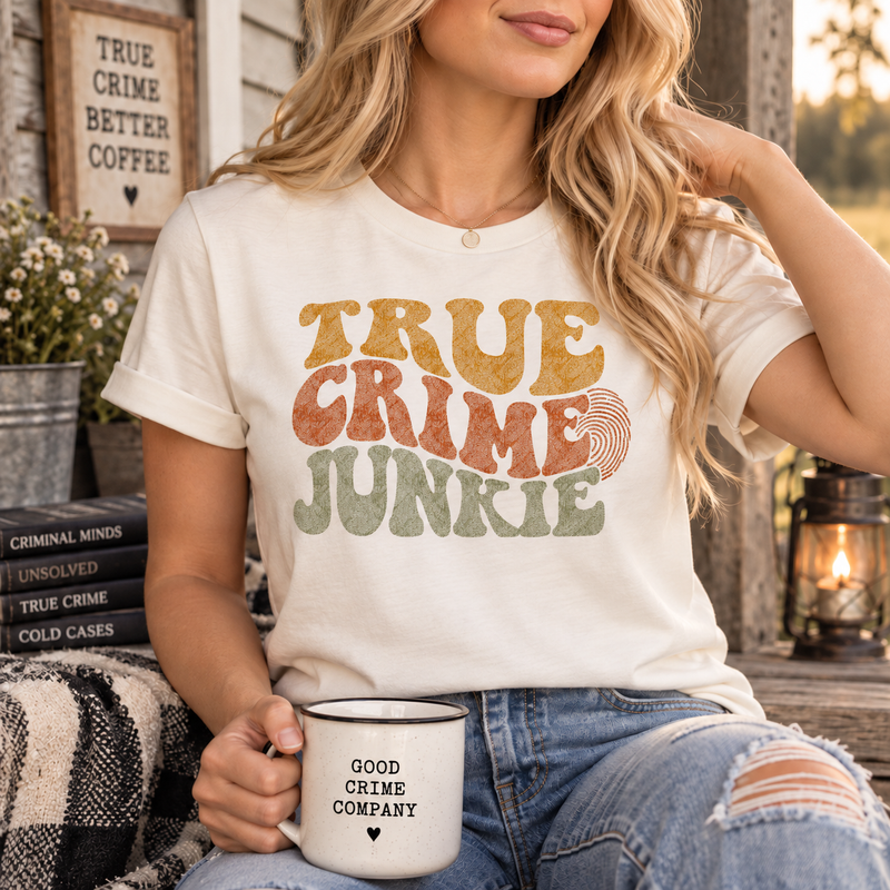 True Crime Junkie: Retro Groovy Lettering & Fingerprint - DTF Transfer