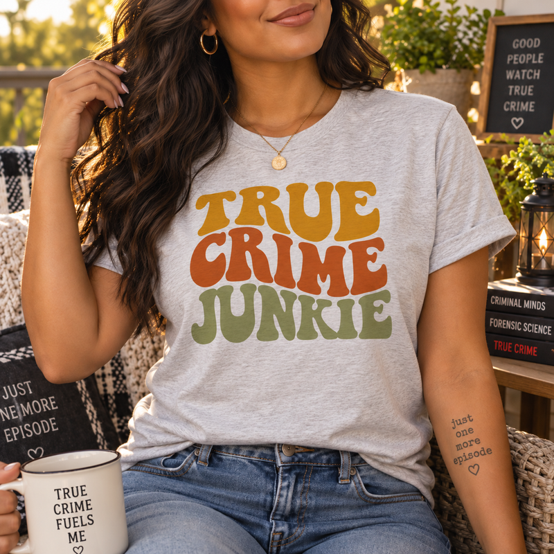 True Crime Junkie: Retro Groovy Lettering & Fingerprint - DTF Transfer