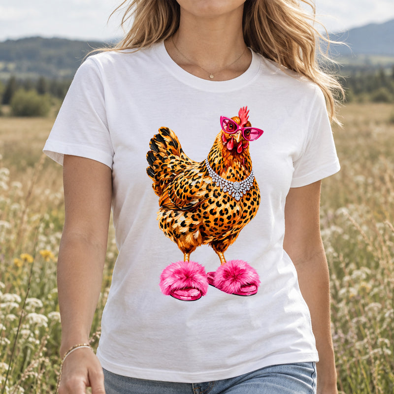 Glam Chicken in Pink Fluffy Slippers - DTF Transfer