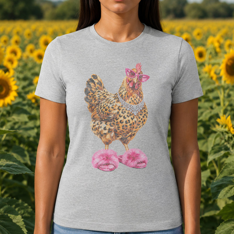 Glam Chicken in Pink Fluffy Slippers - DTF Transfer