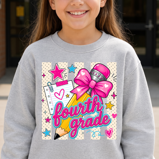 Coquette Pencil Fourth Grade" Bow & Polka Dot - DTF Transfer