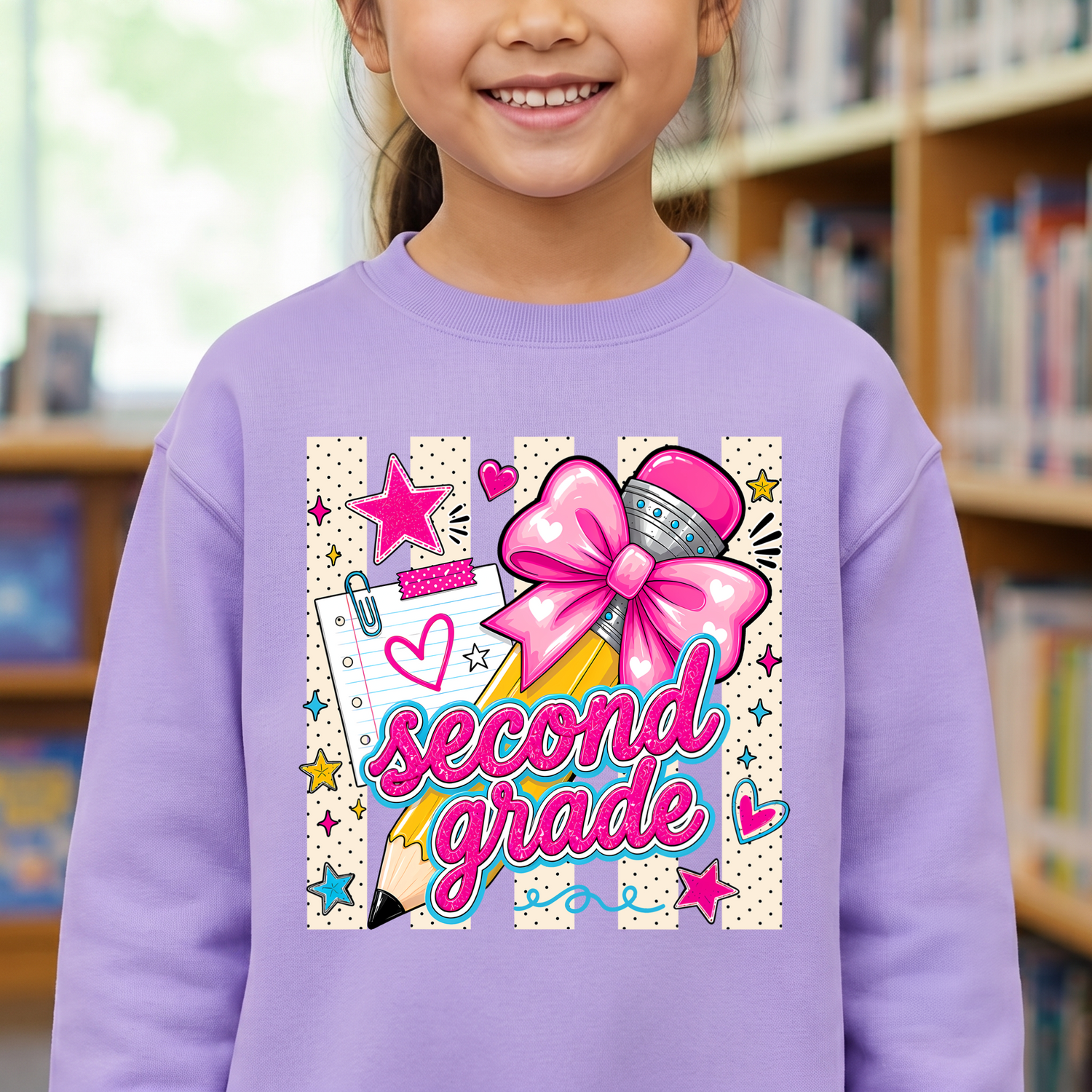 Coquette Pencil Second Grade Bow & Polka Dot - DTF Transfer