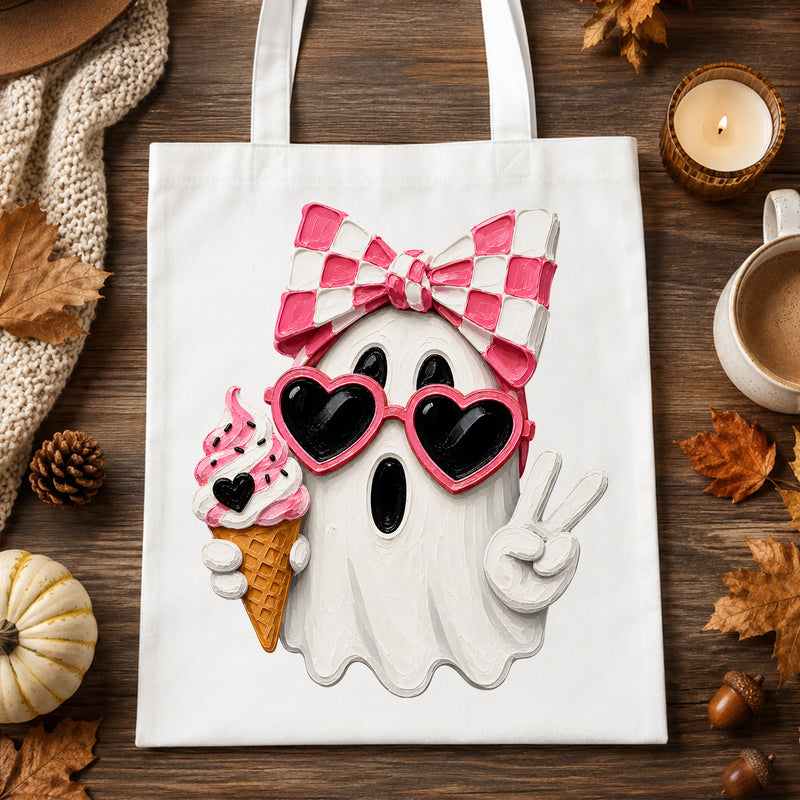 Cute Pink Bow Ghost & Ice Cream - DTF Transfer