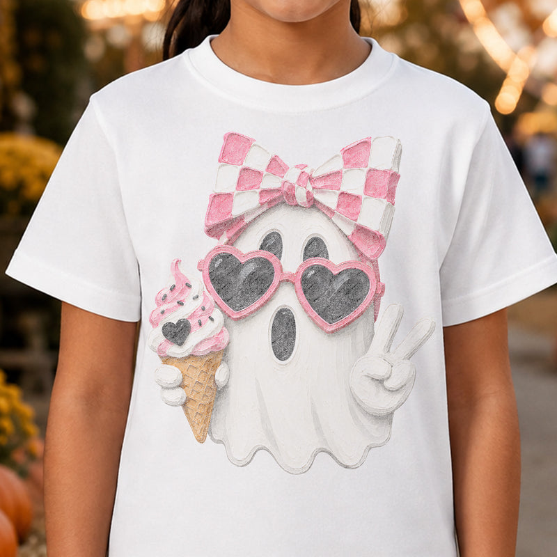 Cute Pink Bow Ghost & Ice Cream - DTF Transfer