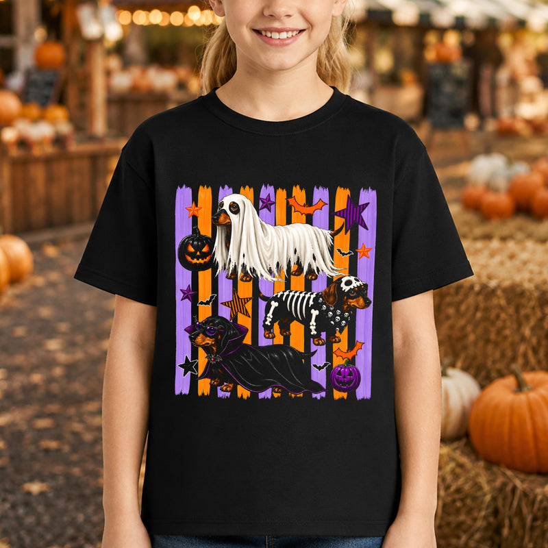 Dachshund Spooky Costumes, Orange & Purple Striped - DTF Transfer