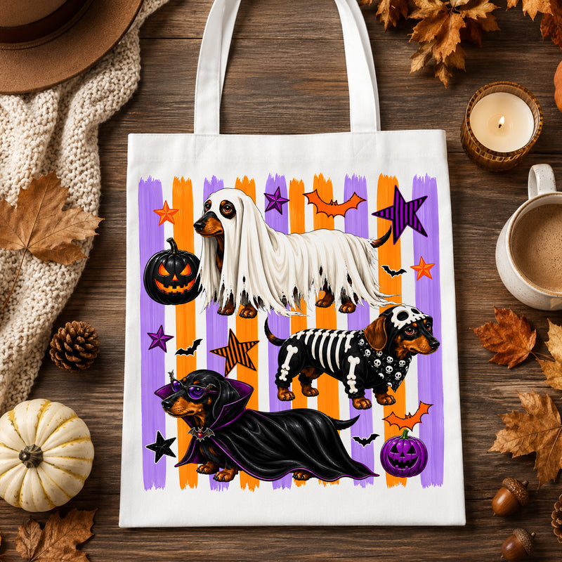 Dachshund Spooky Costumes, Orange & Purple Striped - DTF Transfer
