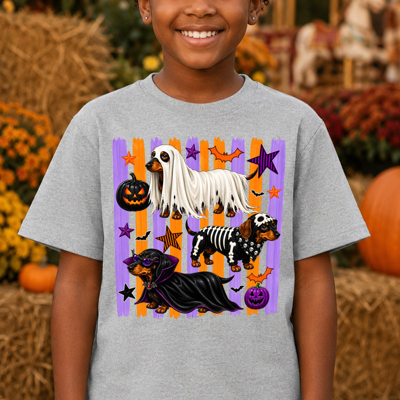 Dachshund Spooky Costumes, Orange & Purple Striped - DTF Transfer