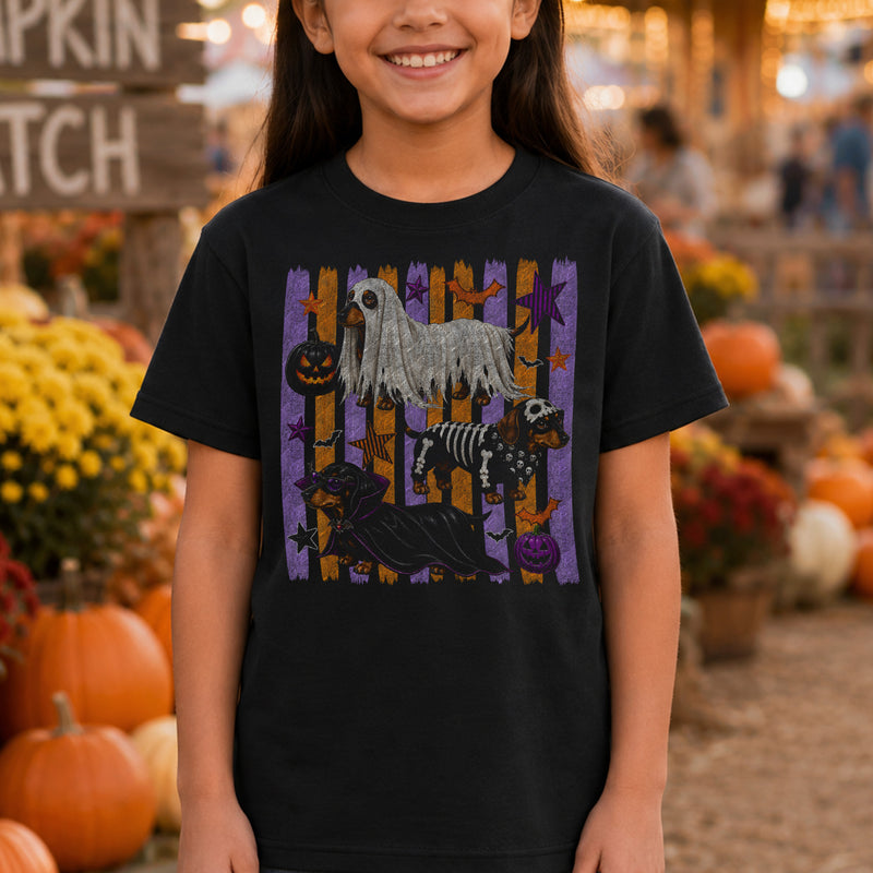 Dachshund Spooky Costumes, Orange & Purple Striped - DTF Transfer