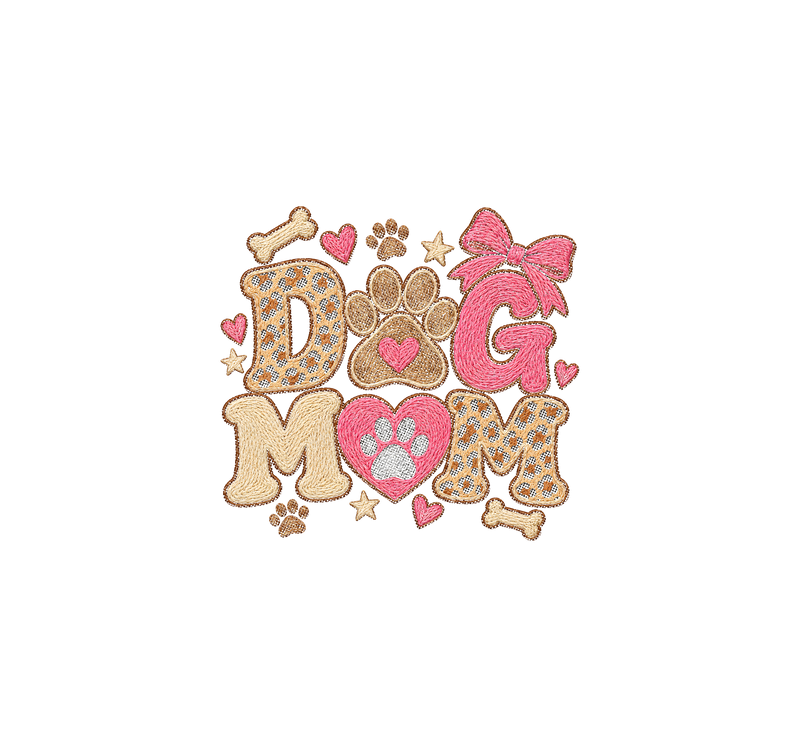 Dog Mom Embroidered Patch Faux Embroidery & Leopard Bow - DTF Transfer