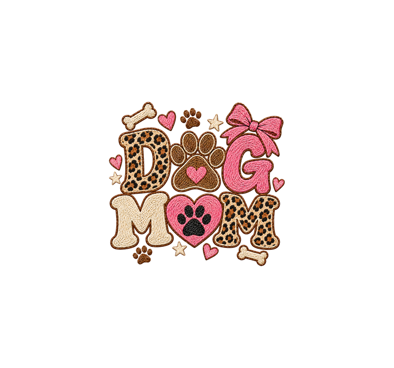 Dog Mom Embroidered Patch Faux Embroidery & Leopard Bow - DTF Transfer