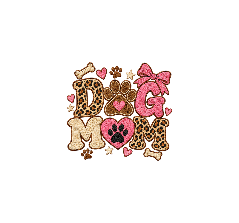 Dog Mom Embroidered Patch Faux Embroidery & Leopard Bow - DTF Transfer