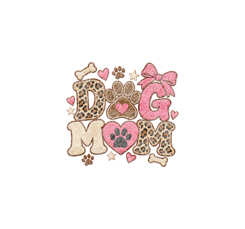 Dog Mom Embroidered Patch Faux Embroidery & Leopard Bow - DTF Transfer