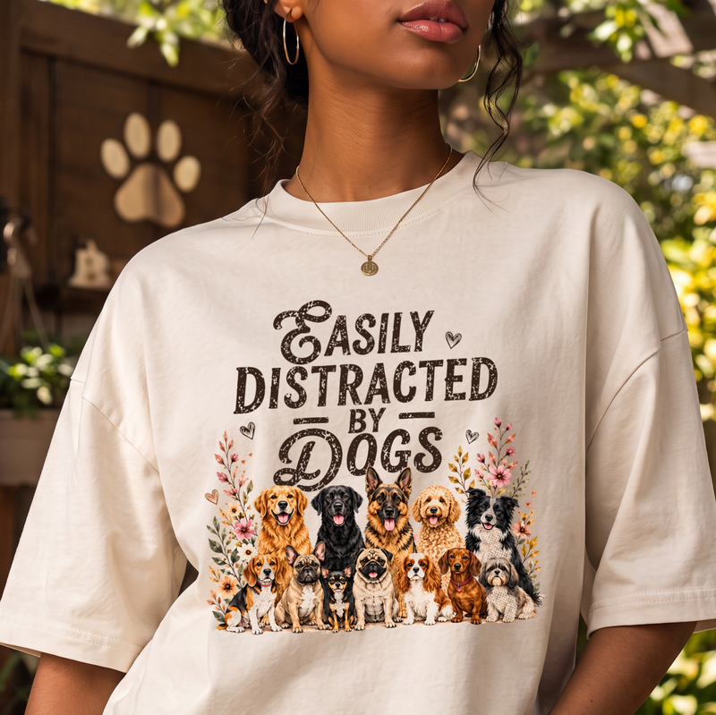 Easily Distracted By Dogs Illustrated Pups & Floral - DTF Transfer