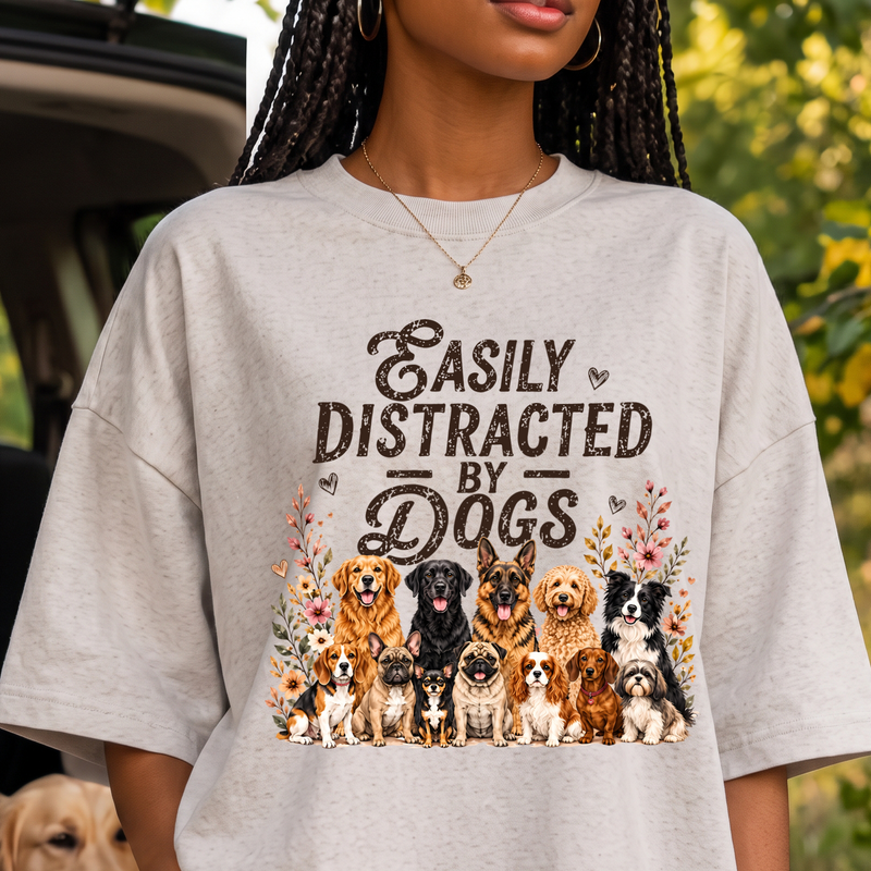 Easily Distracted By Dogs Illustrated Pups & Floral - DTF Transfer