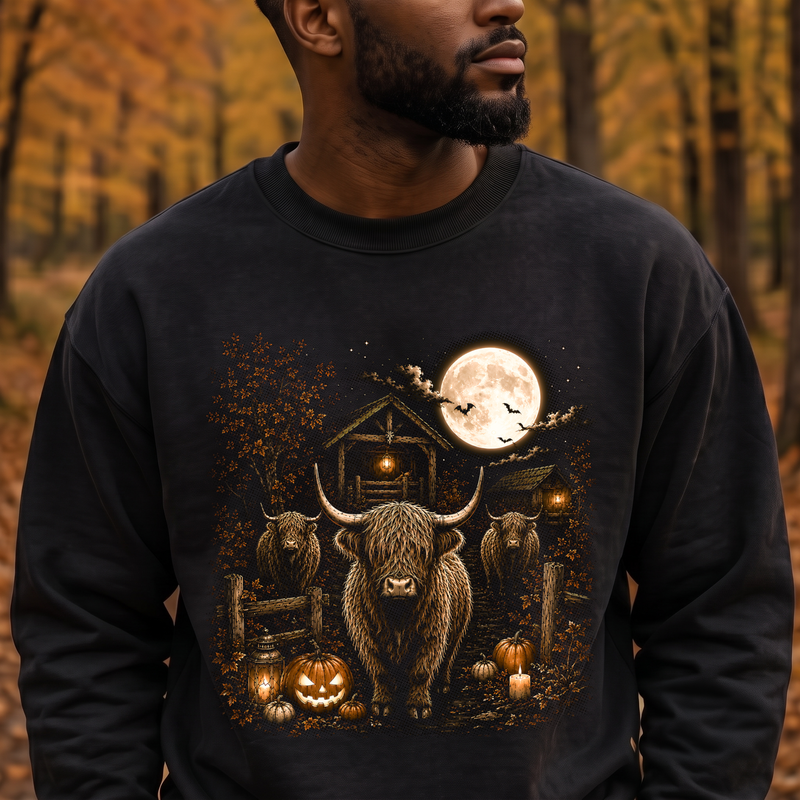 Fall Night Highland Bulls Spooky Country Farm - DTF Transfer