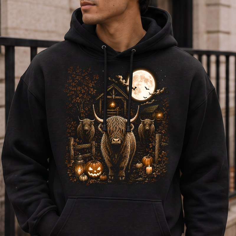 Fall Night Highland Bulls Spooky Country Farm - DTF Transfer