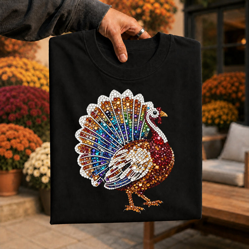 Faux Gemstone Turkey: Beaded Rhinestone & Autumn Glam Thanksgiving - DTF Transfer