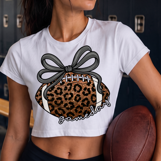 Faux Glitter Leopard Football with Bow - DTF Transfer