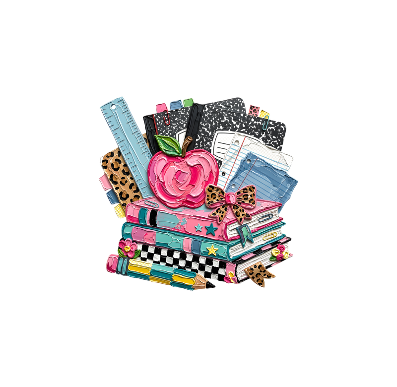 3D Painted School Books & Apple" Artistic Teacher - DTF Transfer