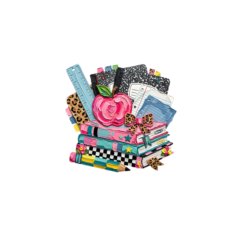3D Painted School Books & Apple" Artistic Teacher - DTF Transfer