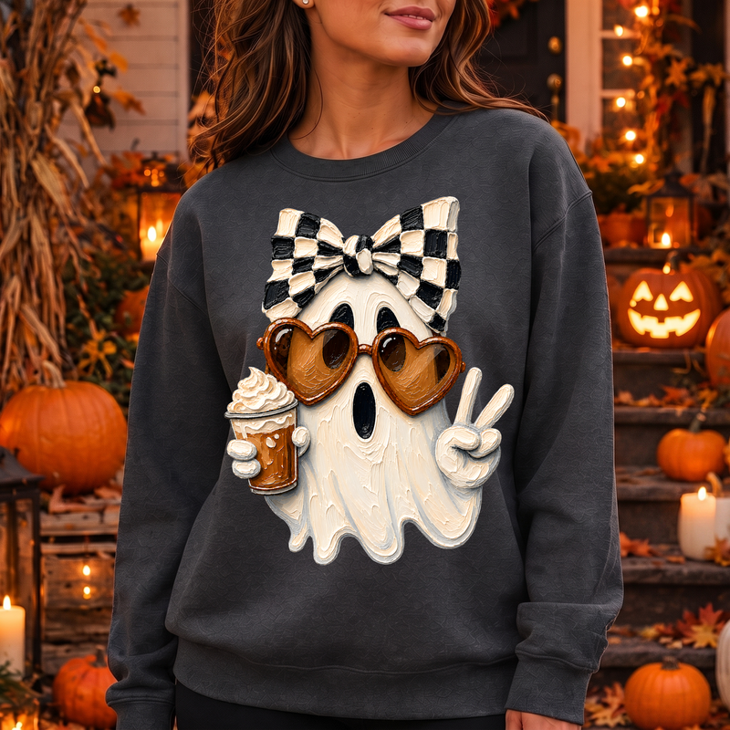 Boujee Checker Bow Ghost & Pumpkin Spice Textured - DTF Transfer