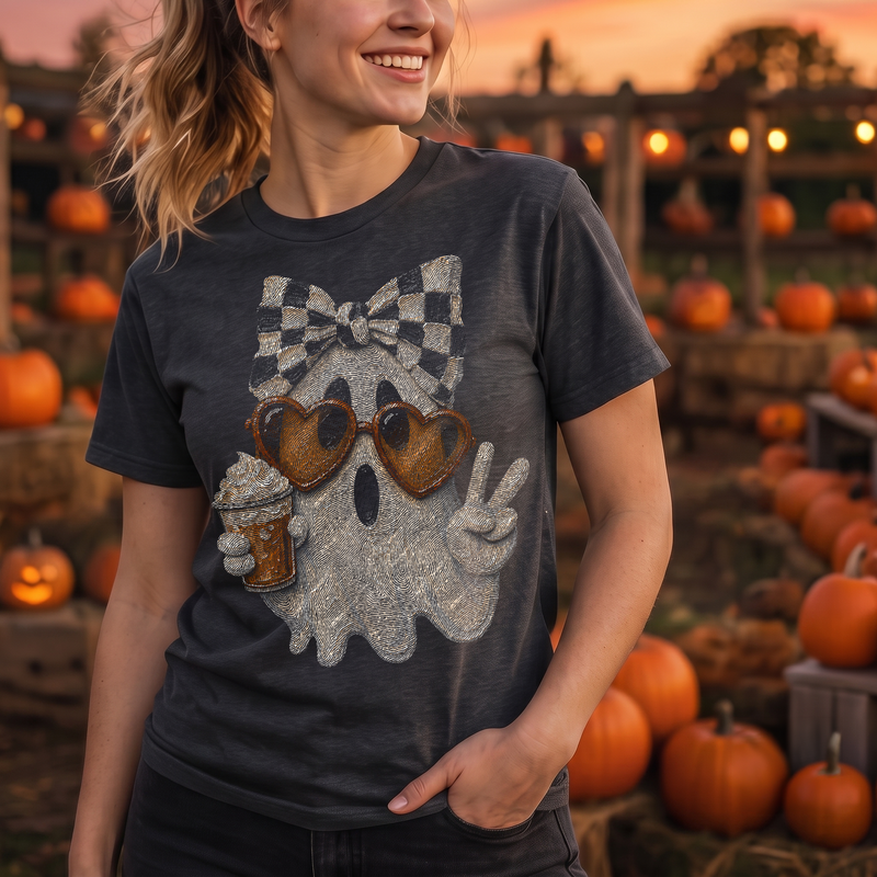 Boujee Checker Bow Ghost & Pumpkin Spice Textured - DTF Transfer