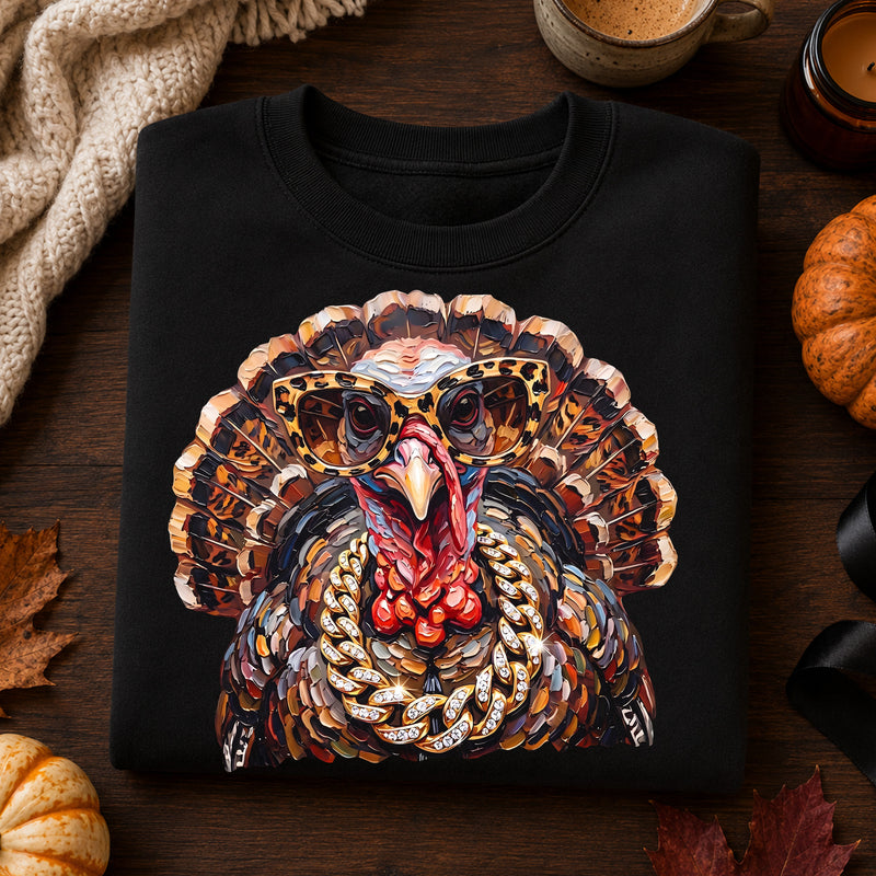 Faux Painted Fancy Turkey: Gold Chains & Leopard Glasses DTF Transfer