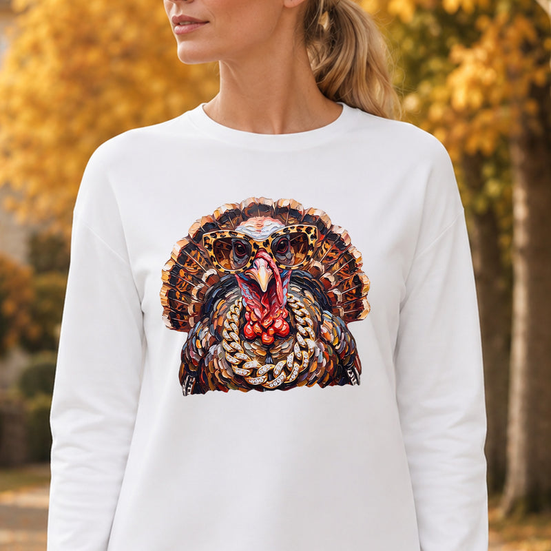 Faux Painted Fancy Turkey: Gold Chains & Leopard Glasses DTF Transfer